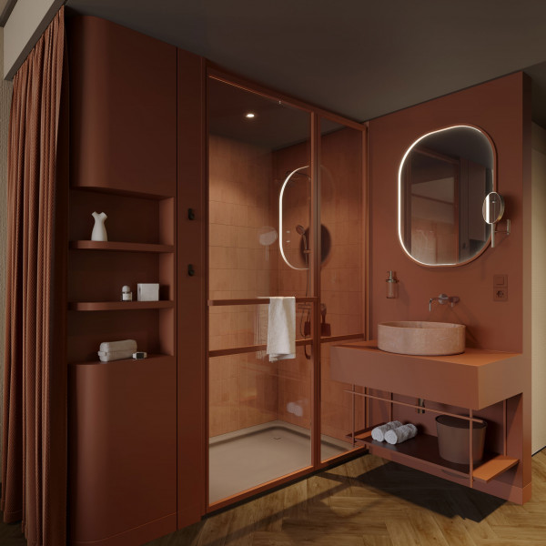 Badezimmer mit einem Waschtisch und einer Regendusch in einem Zimmer im Hotel Schani City