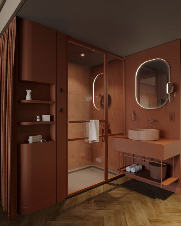 Badezimmer mit einem Waschtisch und einer Regendusch in einem Zimmer im Hotel Schani City