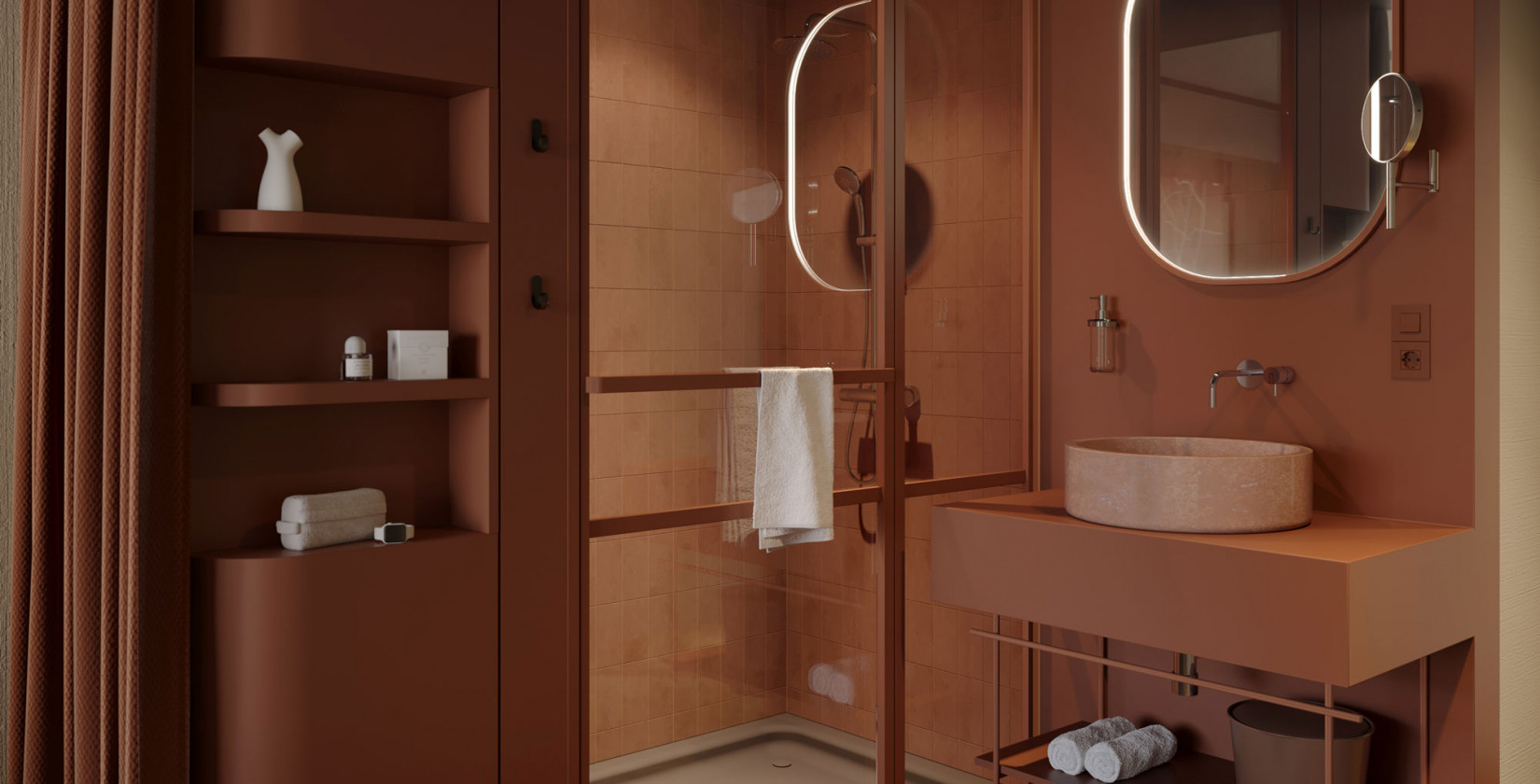 Badezimmer mit einem Waschtisch und einer Regendusch in einem Zimmer im Hotel Schani City