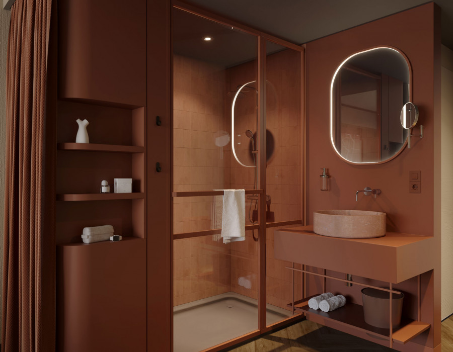 Badezimmer mit einem Waschtisch und einer Regendusch in einem Zimmer im Hotel Schani City