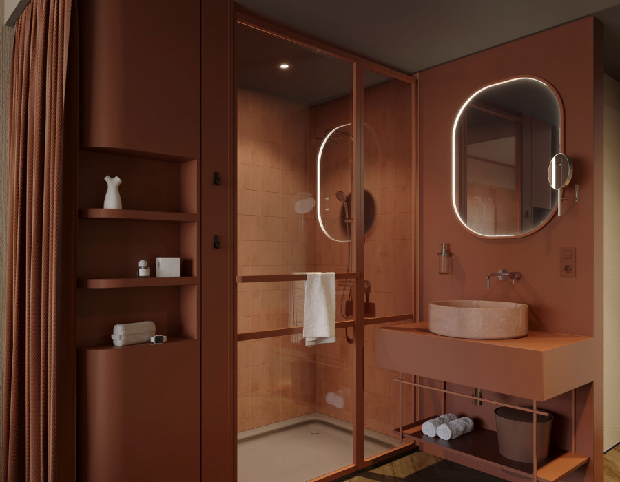 Badezimmer mit einem Waschtisch und einer Regendusch in einem Zimmer im Hotel Schani City