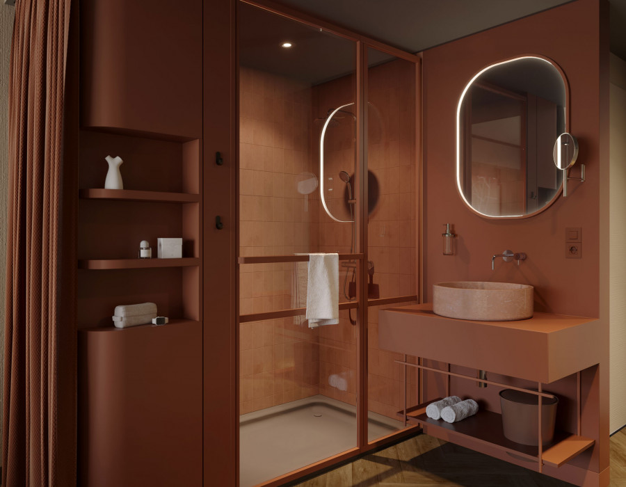 Badezimmer mit einem Waschtisch und einer Regendusch in einem Zimmer im Hotel Schani City