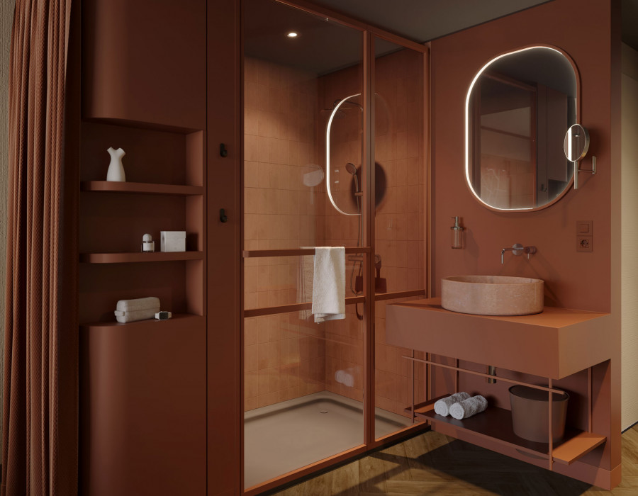 Badezimmer mit einem Waschtisch und einer Regendusch in einem Zimmer im Hotel Schani City