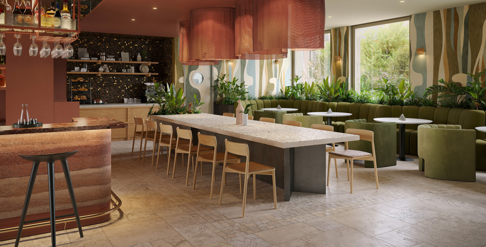 Langer Familientisch und gemütliche Sitzecken an der Bar im Hotel Schani City