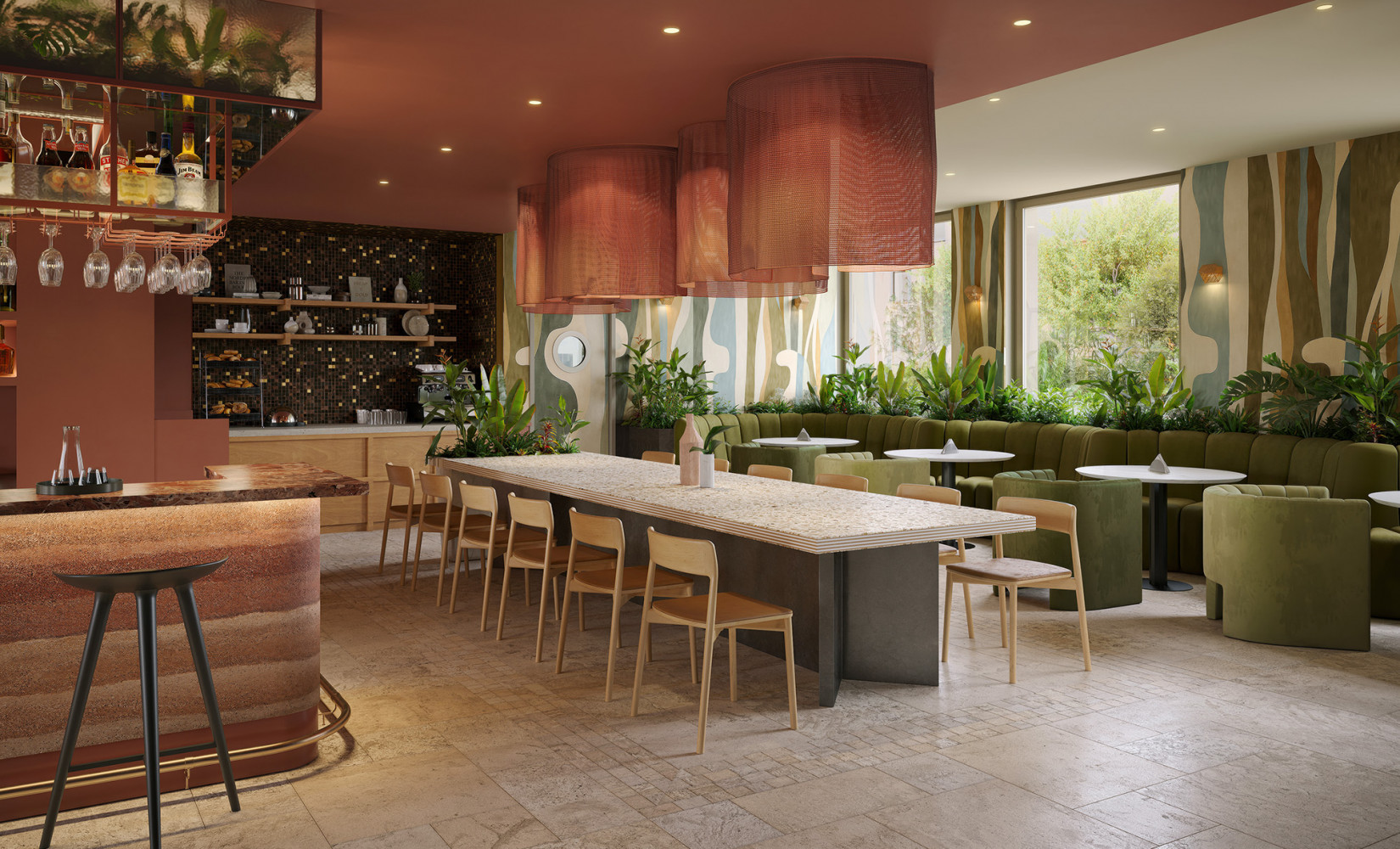 Langer Familientisch und gemütliche Sitzecken an der Bar im Hotel Schani City