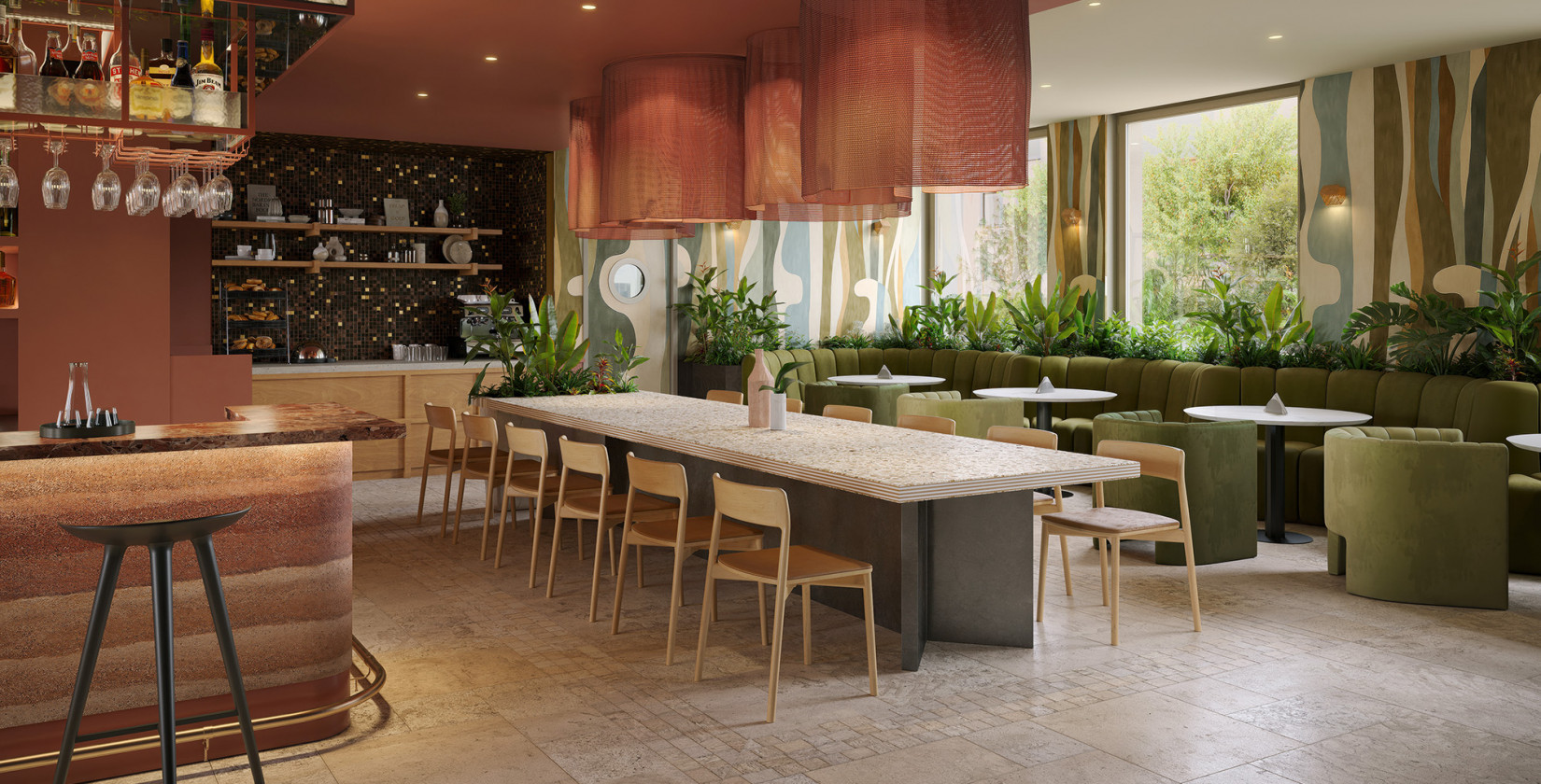  Langer Familientisch und gemütliche Sitzecken an der Bar im Hotel Schani City