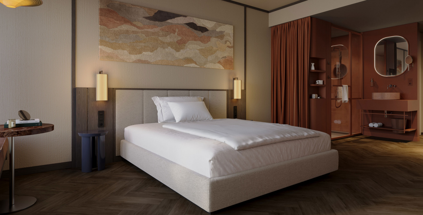 Französisches Doppelbett neben einem offenen Badezimmer in einem Einzelzimmer im Hotel Schani City