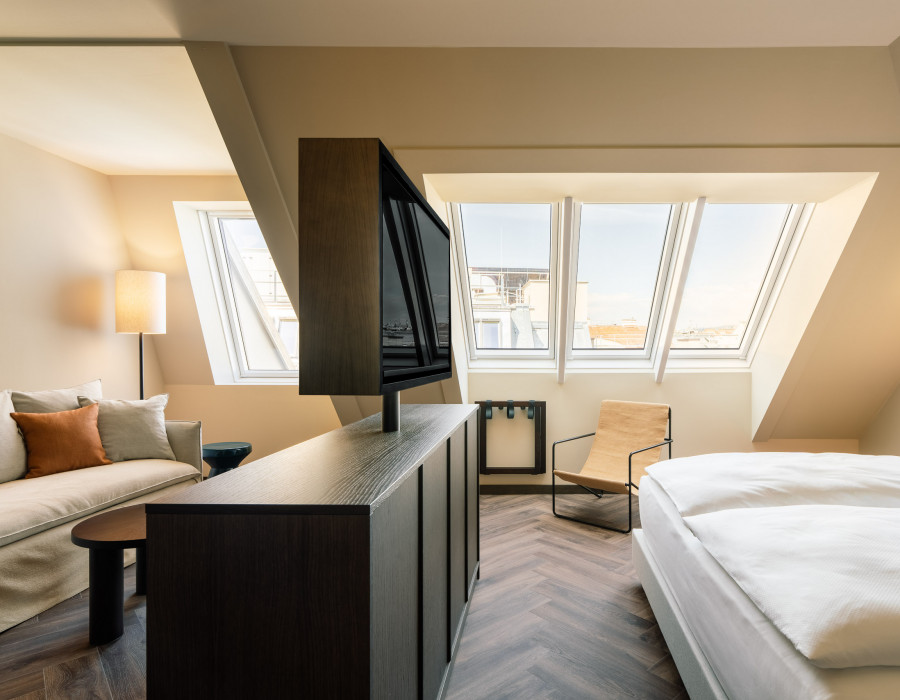 Pull out sofa, TV and double bed in a room at Hotel Schani City