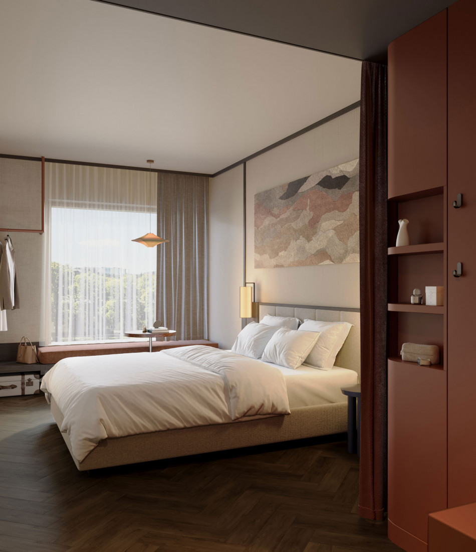 Ein Doppelbett und eine Fensterbank in einem Zimmer im Hotel Schani City