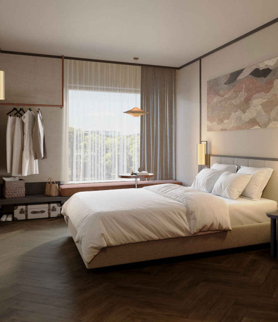 Doppelbett, Fensterbank und offener Schrank in einem hellen Doppelzimmer im Hotel Schani City