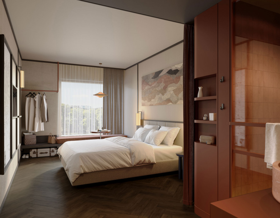 Doppelbett, Fensterbank und offener Schrank in einem hellen Doppelzimmer im Hotel Schani City