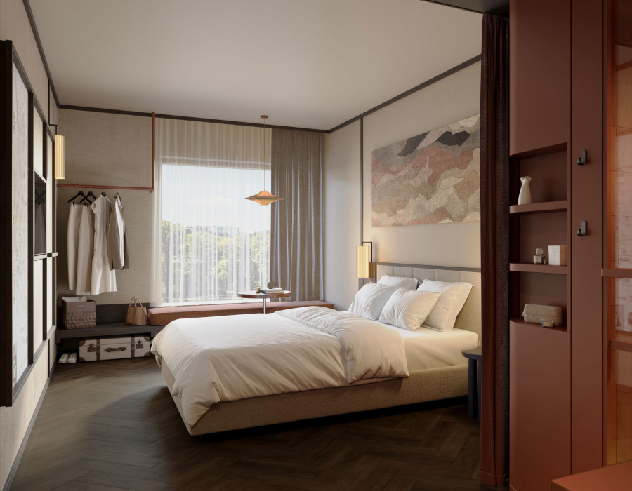 Doppelbett, Fensterbank und offener Schrank in einem hellen Doppelzimmer im Hotel Schani City