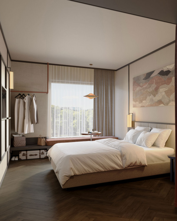 Doppelbett, Fensterbank und offener Schrank in einem hellen Doppelzimmer im Hotel Schani City