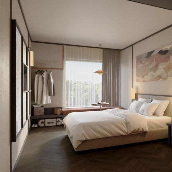 Doppelbett, Fensterbank und offener Schrank in einem hellen Doppelzimmer im Hotel Schani City