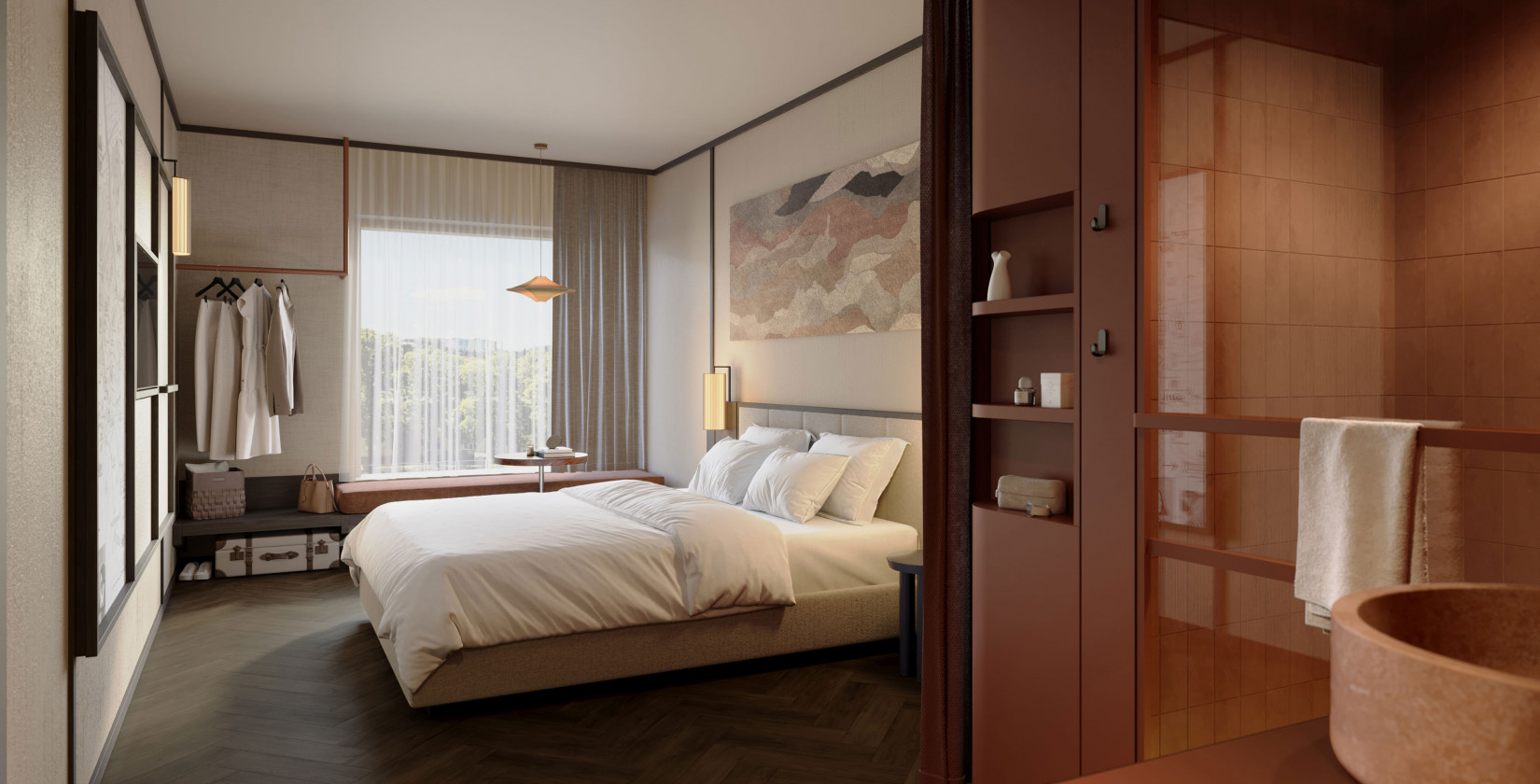 Doppelbett, Fensterbank und offener Schrank in einem hellen Doppelzimmer im Hotel Schani City