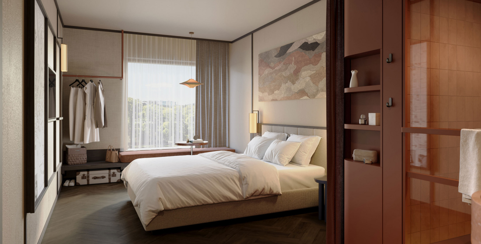 Doppelbett, Fensterbank und offener Schrank in einem hellen Doppelzimmer im Hotel Schani City