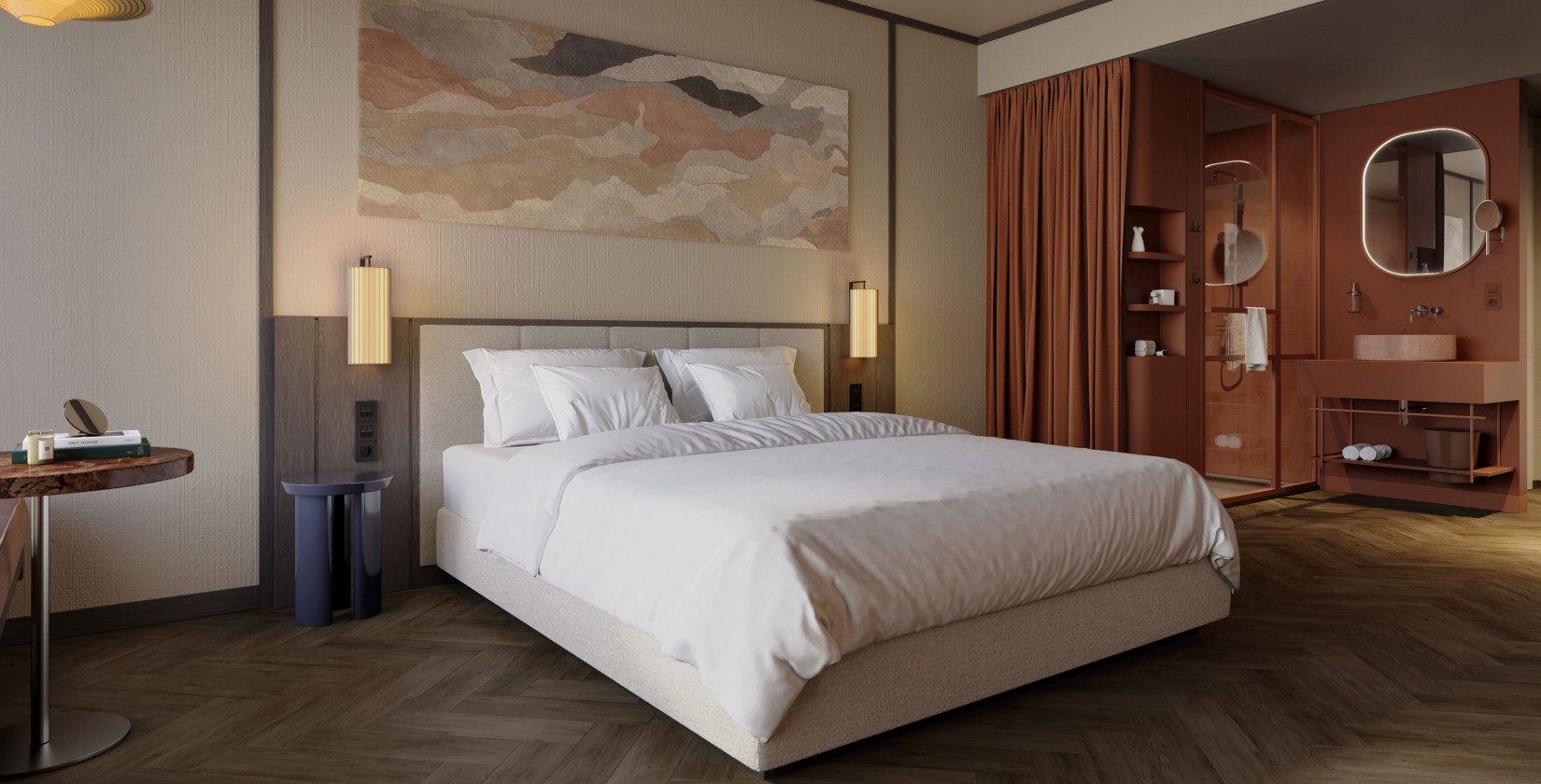 Doppelbett und offenes Bad mit Regendusche in einem Zimmer im Hotel Schani City 