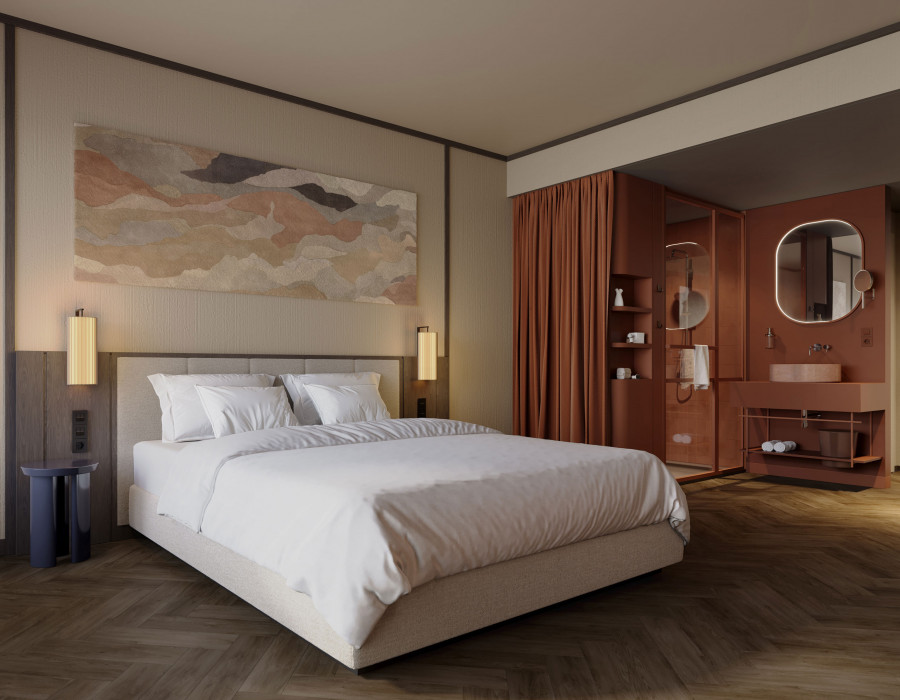 Doppelbett und offenes Bad mit Regendusche in einem Zimmer im Hotel Schani City 