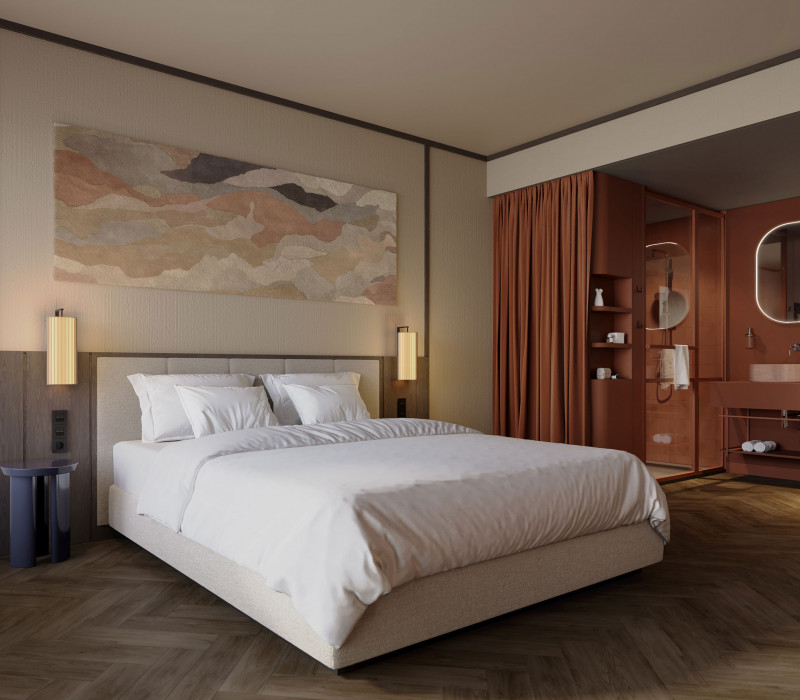 Double room with an open bathroom at Hotel Schani City