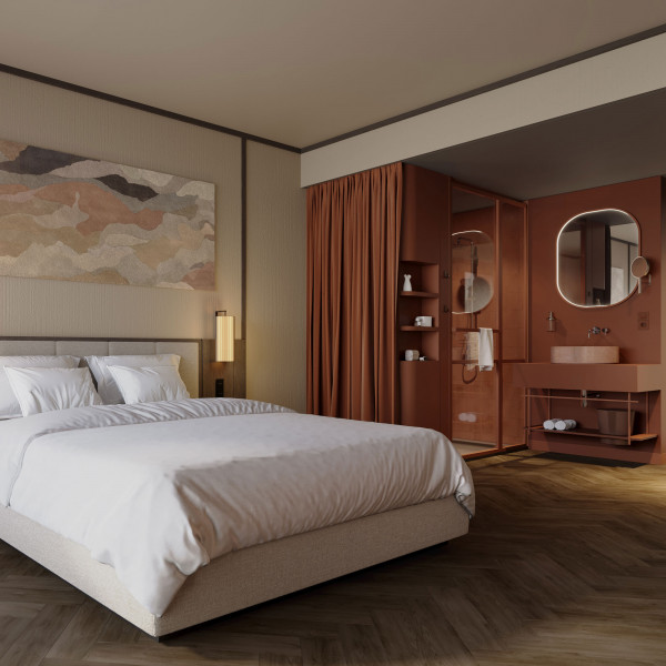 Doppelbett und offenes Badezimmer in einem Zimmer im Hotel Schani City