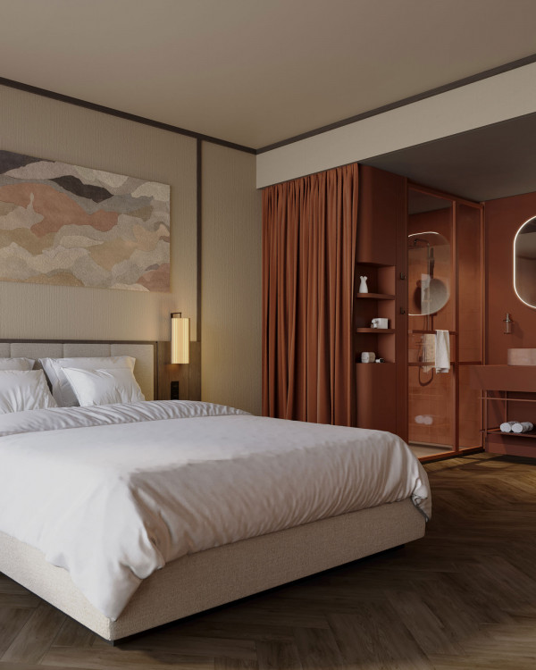 Doppelbett und offenes Badezimmer in einem Zimmer im Hotel Schani City