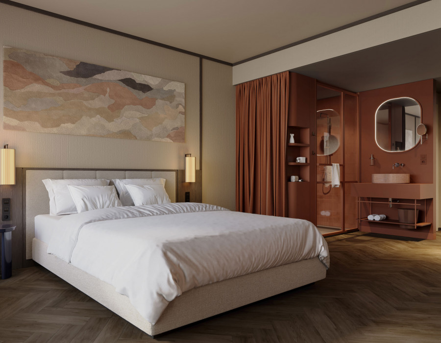 Doppelbett und offenes Bad mit Regendusche in einem Zimmer im Hotel Schani City 