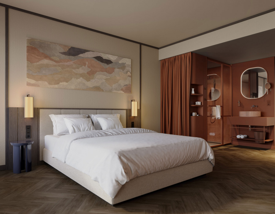 Doppelbett und offenes Bad mit Regendusche in einem Zimmer im Hotel Schani City 