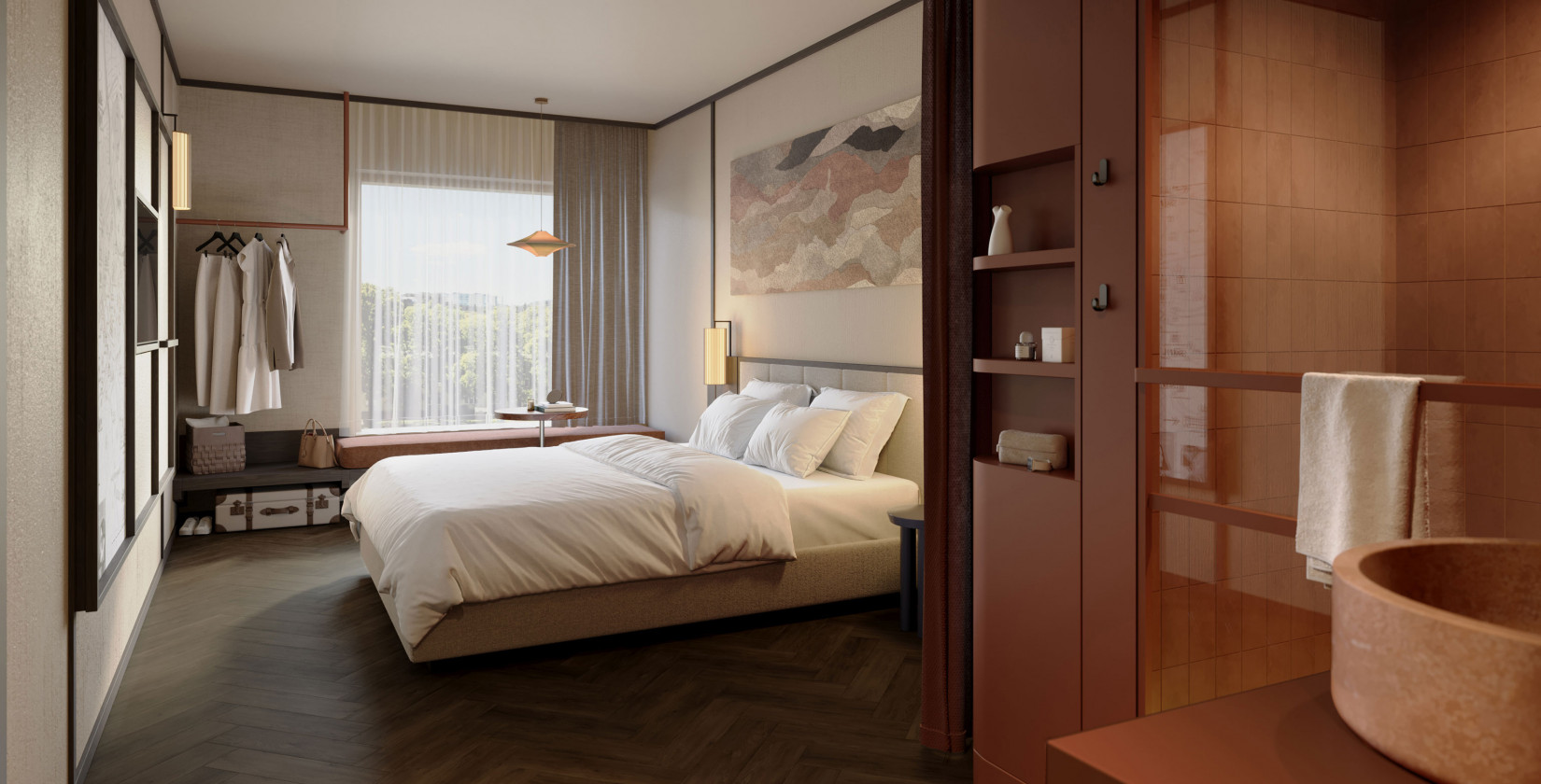 Bright room with a double bed and a window seat at Hotel Schani City