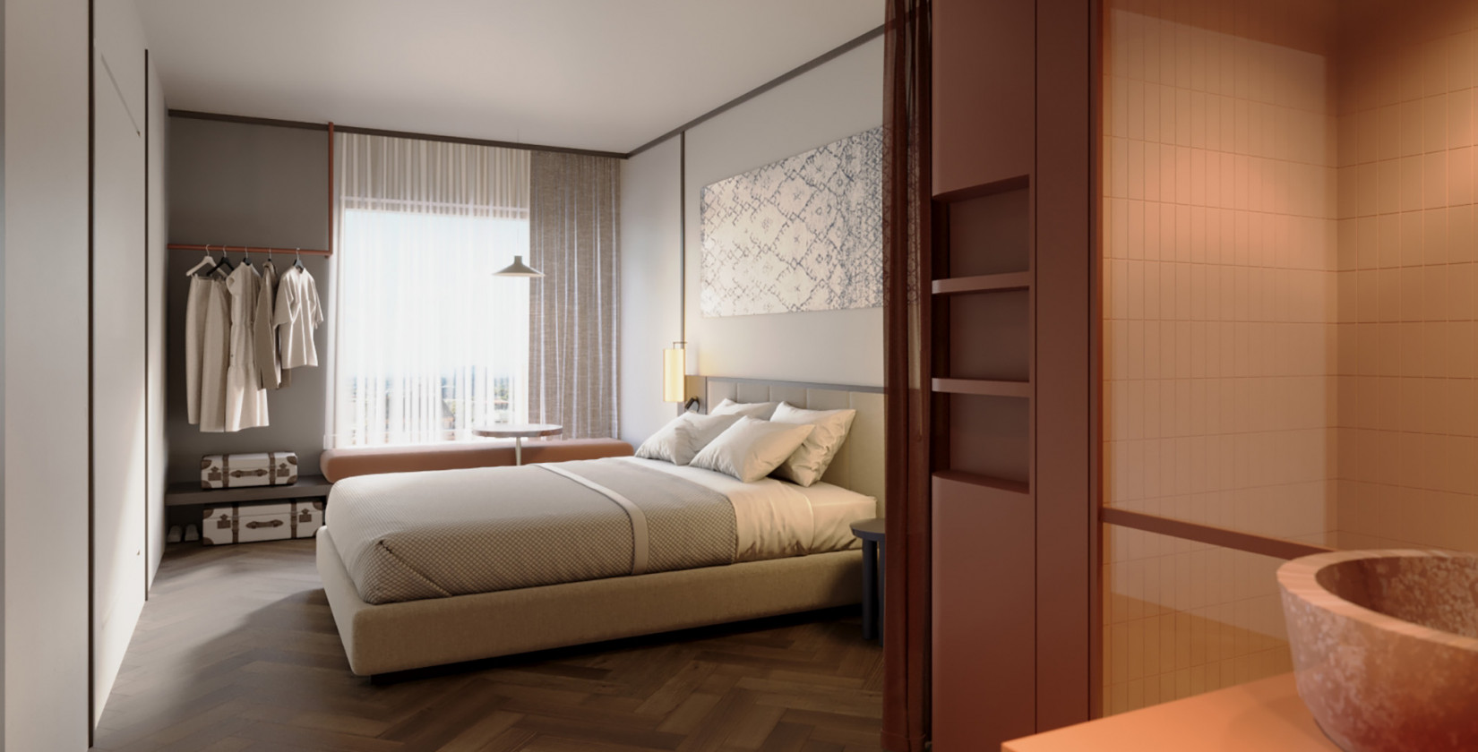 Doppelbett in einem hellen Zimmer im Hotel Schani City