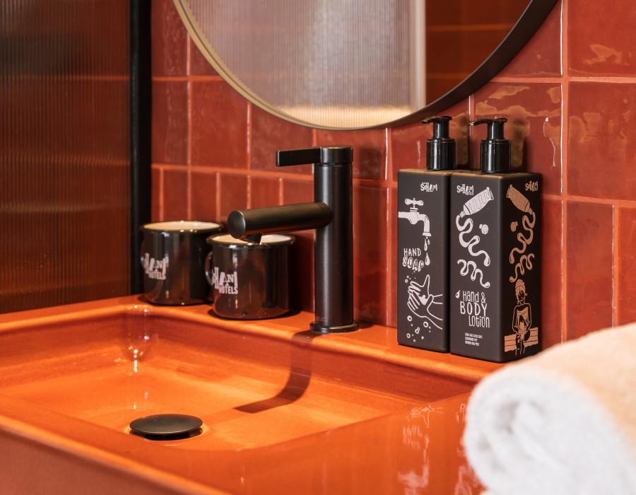 Waschtisch mit Waschbecken, Handtüchern und nachfüllbarer Kosmetik im Hotel Schani Naschmarkt