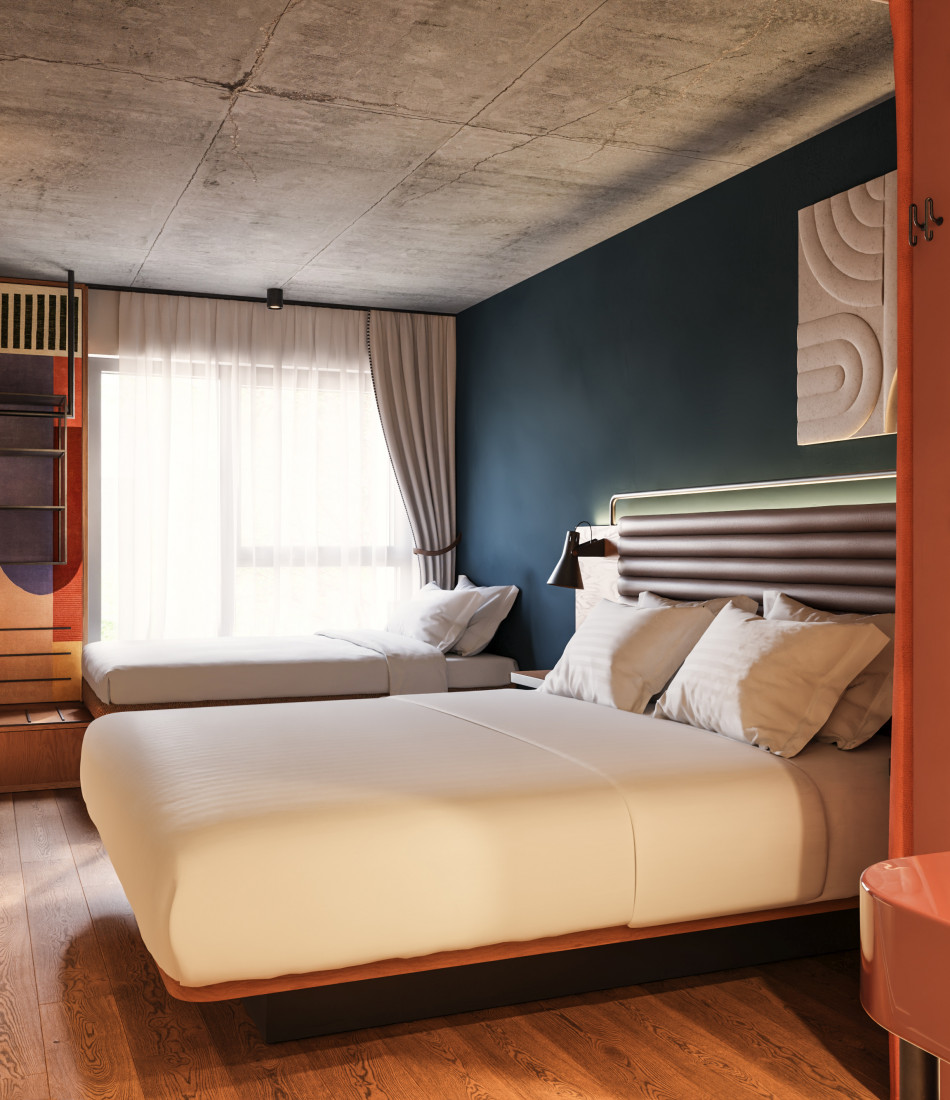Doppelbett und Einzelbett in einem Zimmer im Hotel Schani Naschmarkt