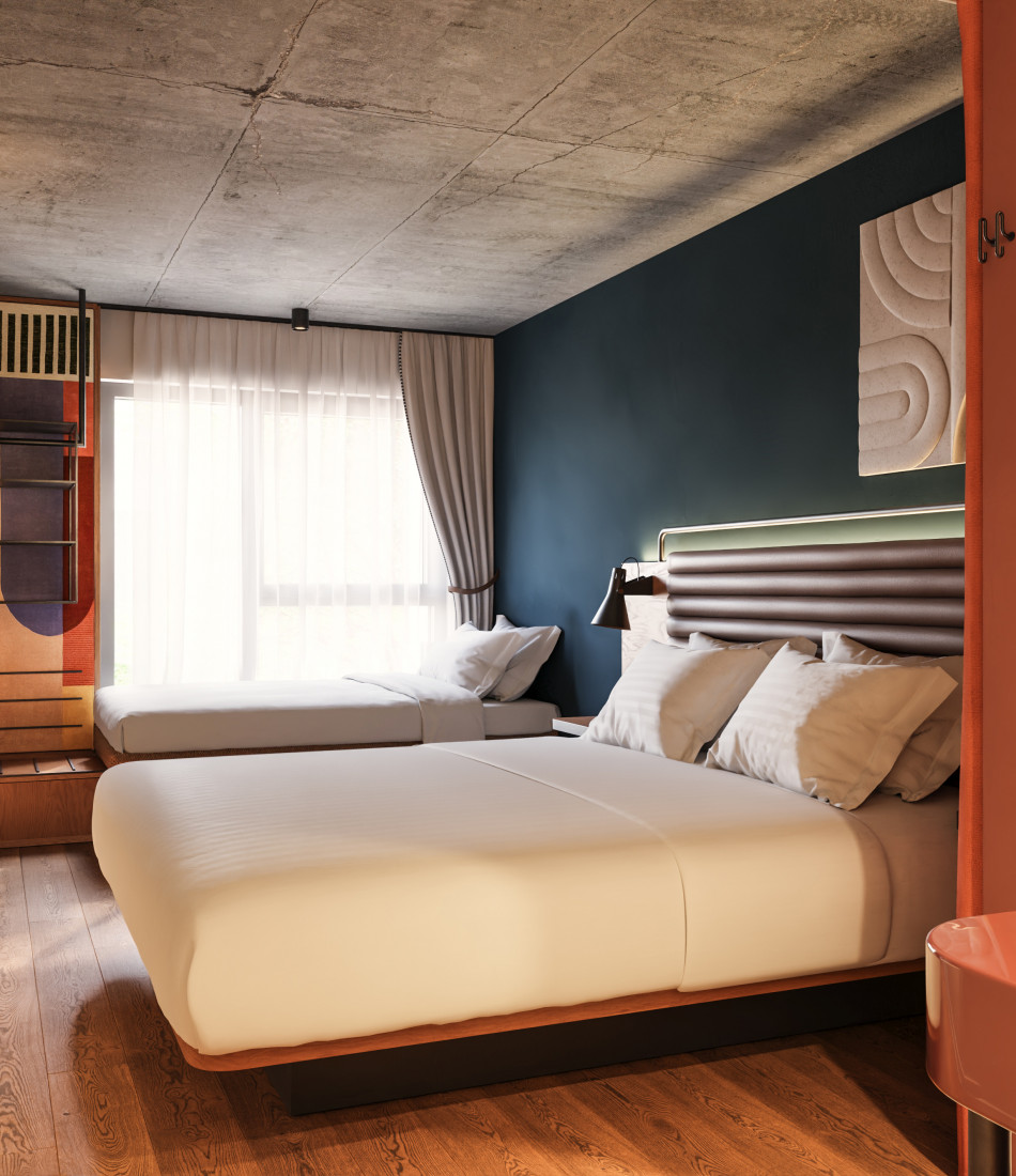 Doppelbett und Einzelbett in einem Zimmer im Hotel Schani Naschmarkt