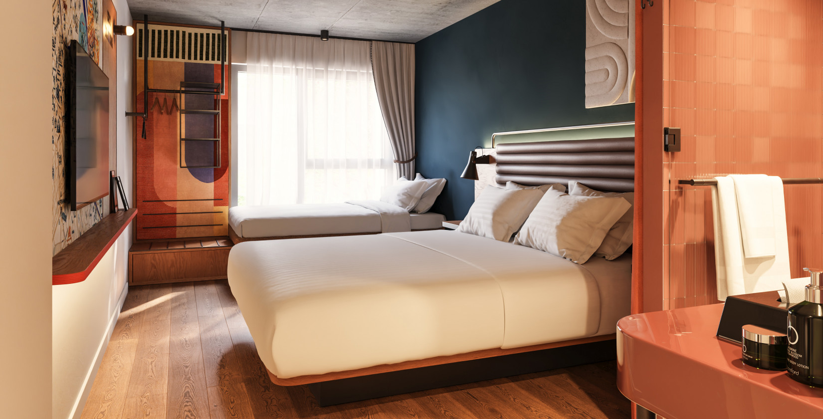 Doppelbett und Einzelbett in einem Zimmer im Hotel Schani Naschmarkt