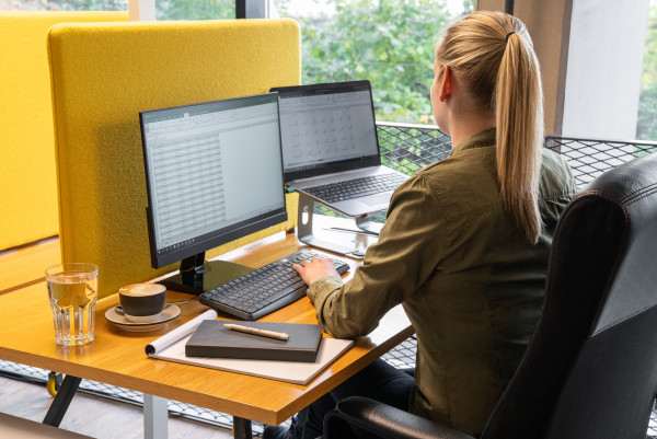 Dame sitzt an Schreibtisch vor ihrem Laptop im Coworking Space des Hotel Schani Wien