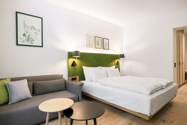 Sofa and bed in a Smart Studio Room at Bio-Hotel Schani Wienblick