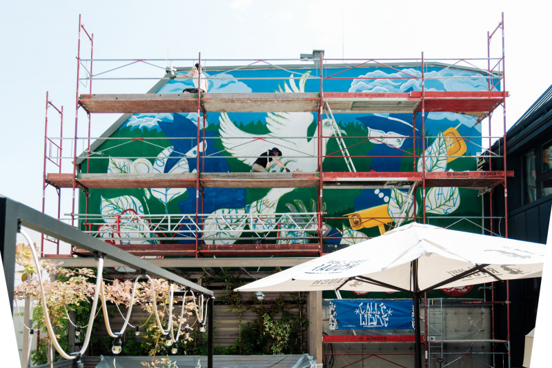 Ein Gerüst vor einer Wand, an der das neue Mural entsteht