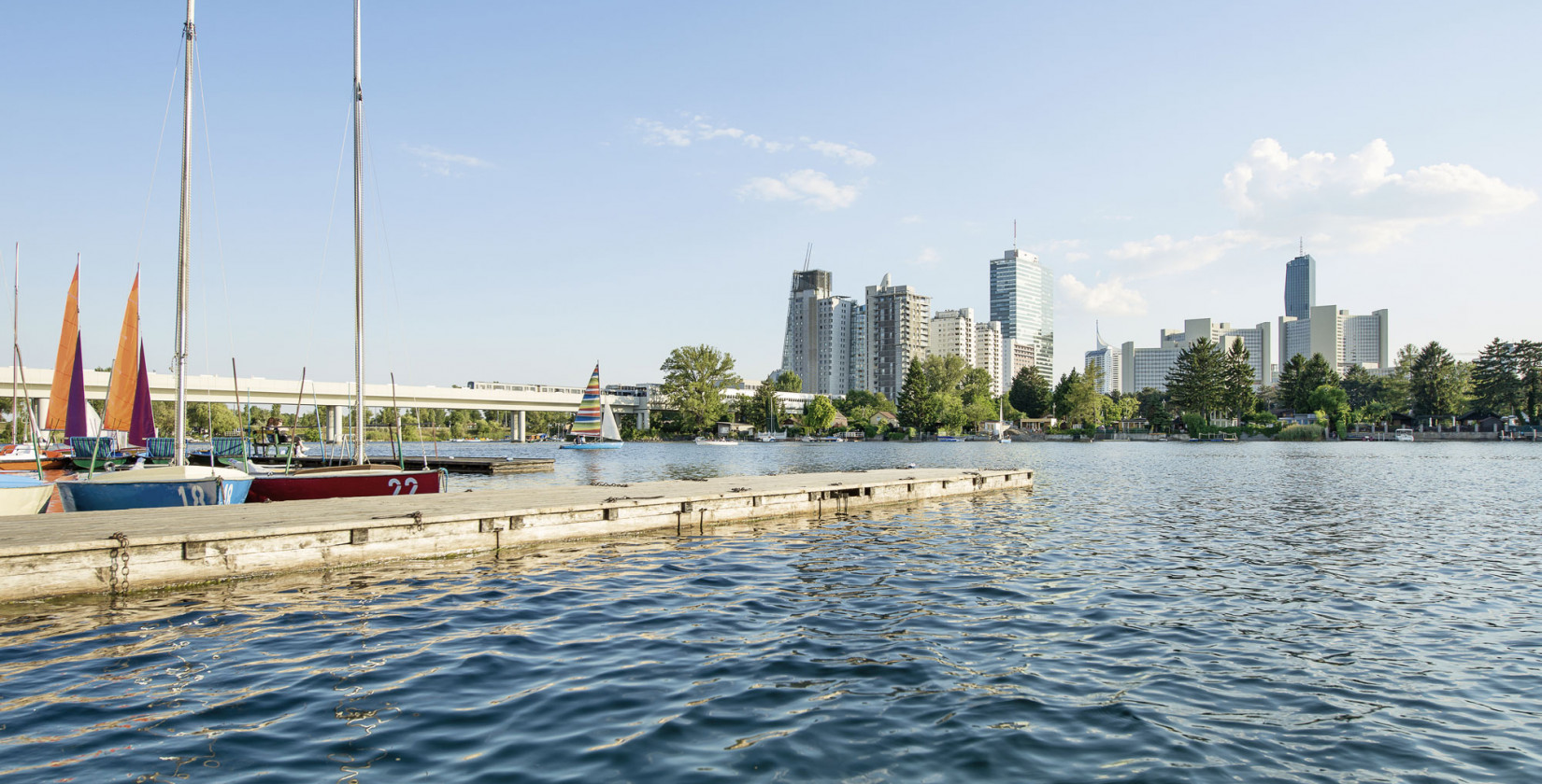 Ausblick auf die Alte Donau in Wien mit der Skyline im Hintergrund