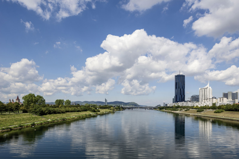 View of the Danube river flowing through Vienna